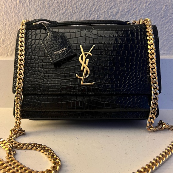 SUNSET MEDIUM CHAIN BAG IN CROCODILE-EMBOSSED SHINY LEATHER - Picture 1 of 8